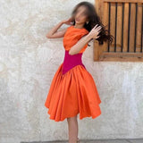 A-Line Splicing Color Orange Hot Pink Satin Homecoming Dresses