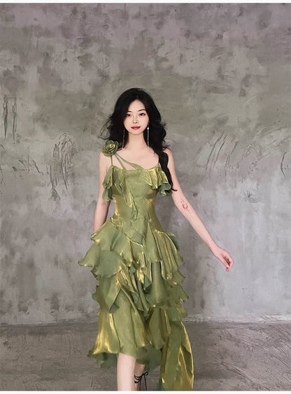 Pretty Irregular Ruffled Spaghetti Straps Green Prom Dresses With Detachable Rose Long Birthday Dress For Women, LTP3573