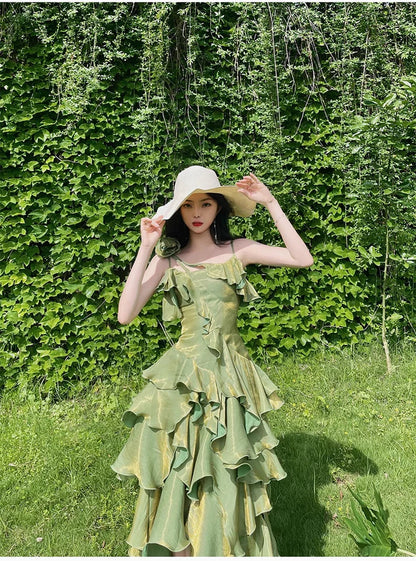 Pretty Irregular Ruffled Spaghetti Straps Green Prom Dresses With Detachable Rose Long Birthday Dress For Women, LTP3573