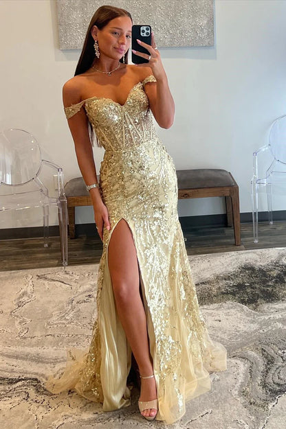 Off The Shoulder Lace Sequins Long Prom Dress