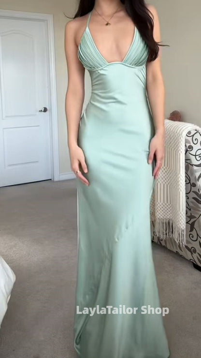 Sage Green Mermaid Prom Dresses Halter Pleated Evening Party Dress,LTP4507