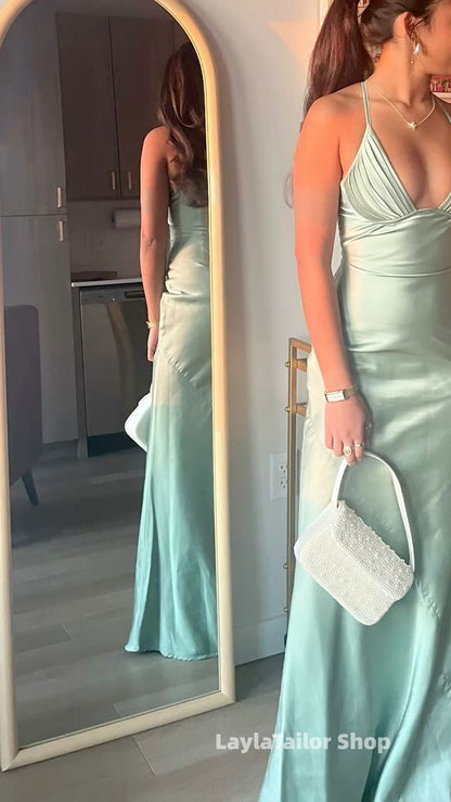 Sage Green Mermaid Prom Dresses Halter Pleated Evening Party Dress,LTP4507