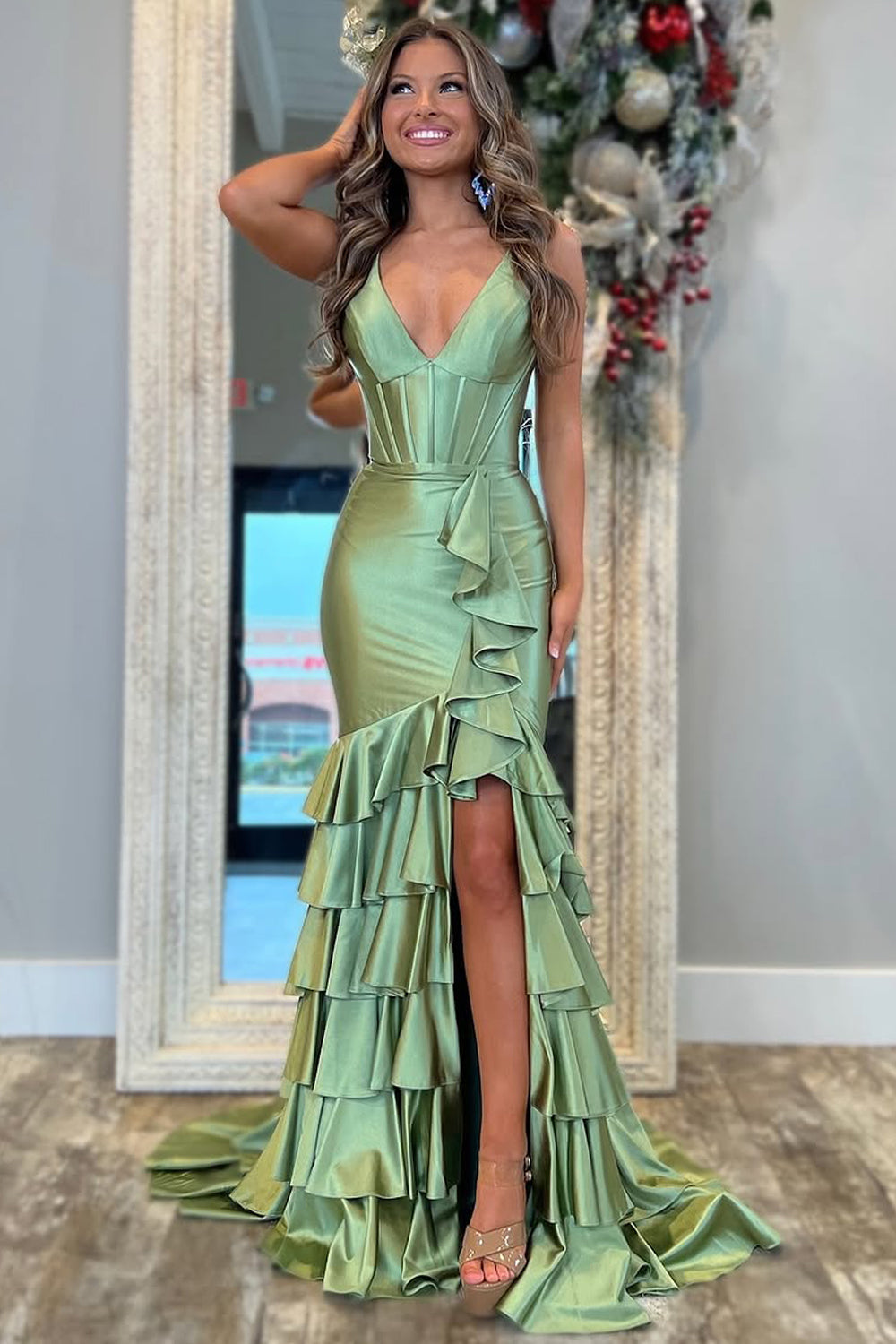 Trendy Mermaid V-Neck Sage Green Long Prom Dress with Ruffles ...