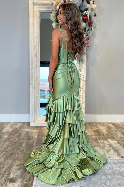 Trendy Mermaid V-Neck Sage Green Long Prom Dress with Ruffles