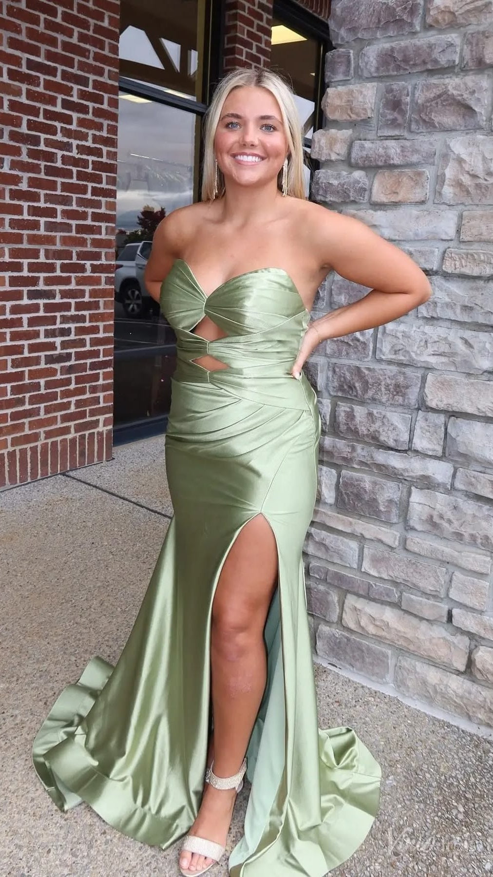 Sage Green Satin Mermaid Prom Dress with Twist Sweetheart Bodice, Cutout Waist & High Slit  ,LTP4392