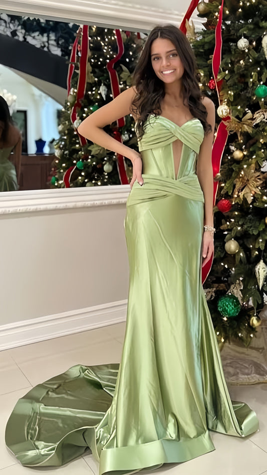 Sage Green Sweetheart Long Prom Dresses Satin Evening Party Dress,LTP4224