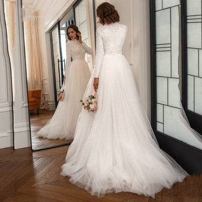 Flexible A-line Wedding Dress Alluring O-neck Bridal Gown Not Backless Dresses Sexy Long Sleeve Lace Beading Vestido De Novia