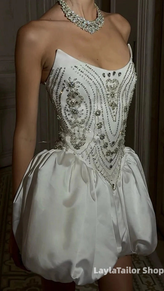 Vintage White Strapless Beaded Wedding Reception Dress Short Homecoming Dresses,LTP3698