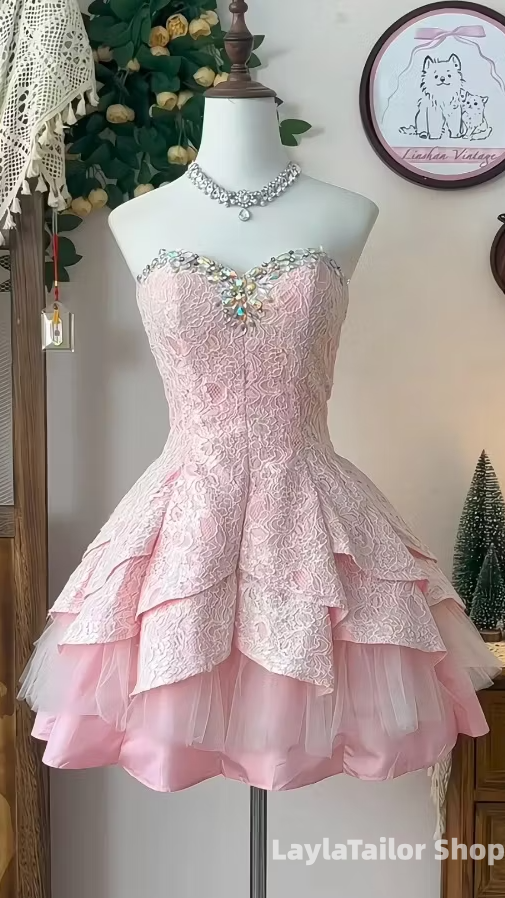 Pink Strapless Lace Rainstones Beaded Homecoming Dresses,LTP3695