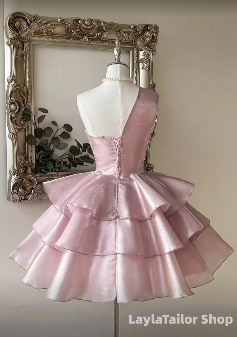 One Shoulder Pink A-Line Organza Homecoming Dress Short Birthday Dresses