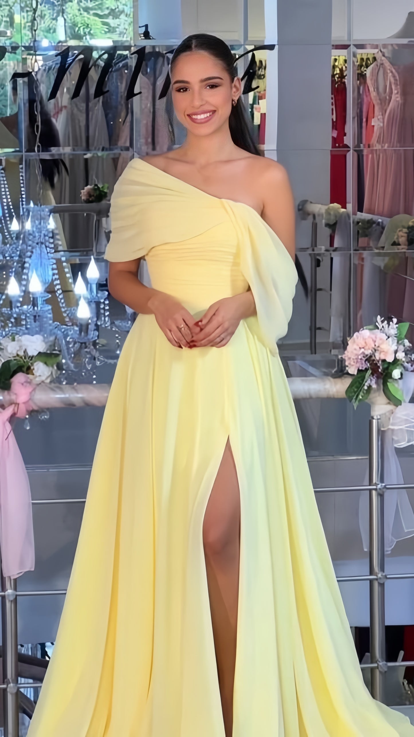 Senior Prom Dresses, Light Yellow Chiffon Party Dress,A-Line Slit Evening Gown,LTP4122