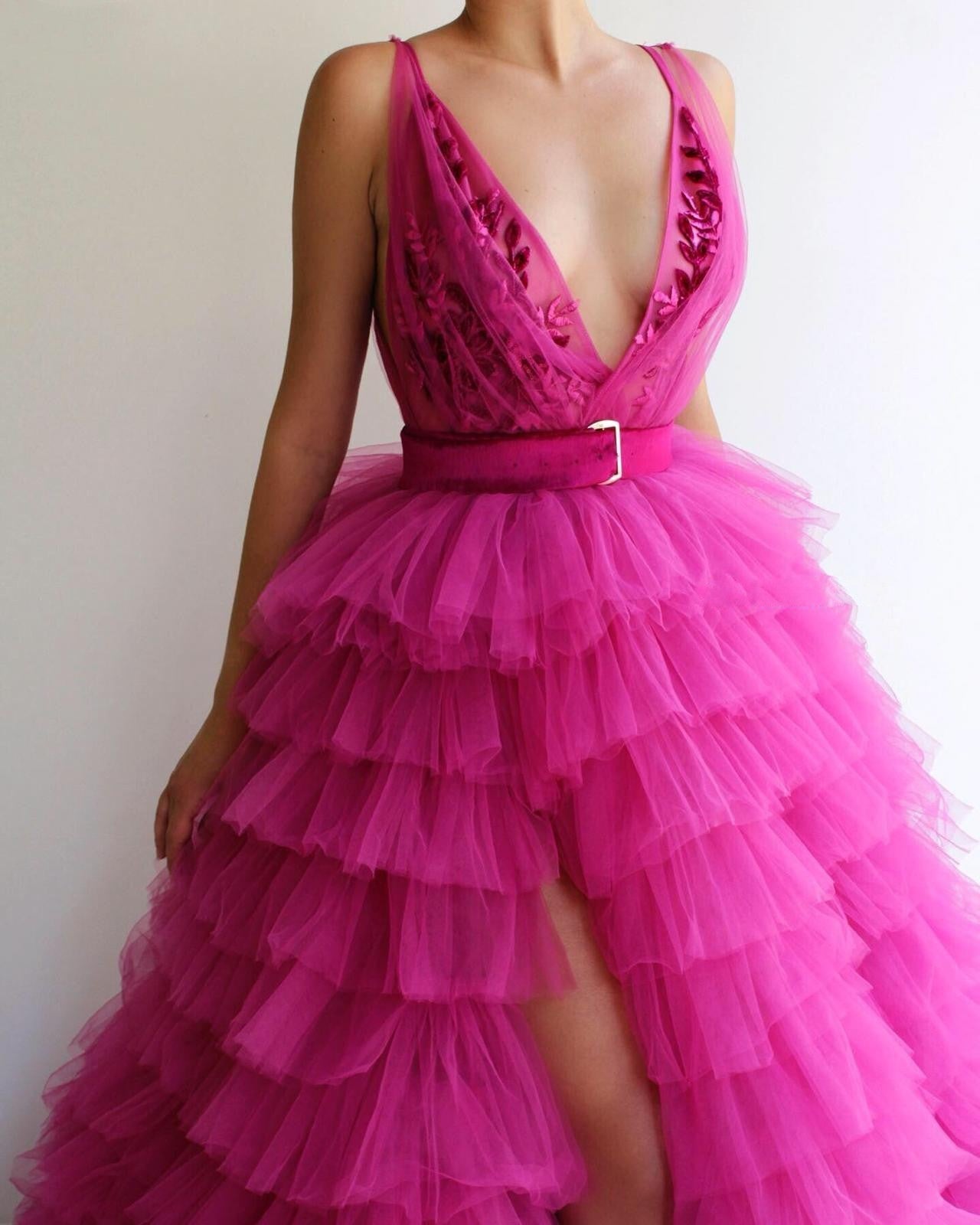 LTP1746,Hot Pink Tulle Layers Prom Dress, V-Neck A Line Evening Dress, Long School Dance Dress