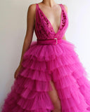 LTP1746,Hot Pink Tulle Layers Prom Dress, V-Neck A Line Evening Dress, Long School Dance Dress