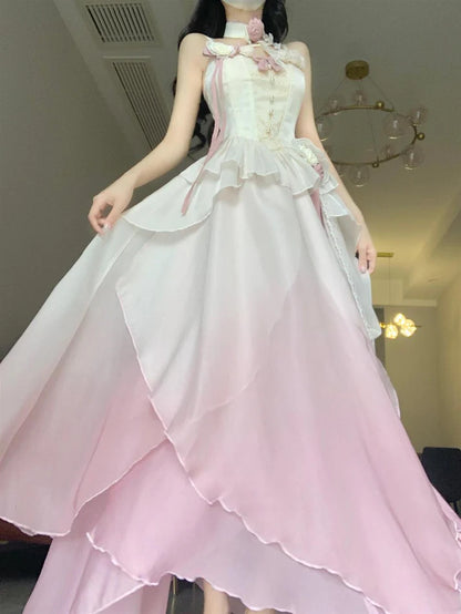 Sexy A line Ombre Pink Chiffon Dress Long Prom Dresses Night Dress Birthday Outfits, LTP3592