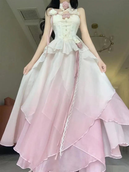 Sexy A line Ombre Pink Chiffon Dress Long Prom Dresses Night Dress Birthday Outfits, LTP3592