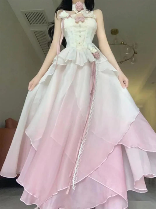 Sexy A line Ombre Pink Chiffon Dress Long Prom Dresses Night Dress Birthday Outfits, LTP3592