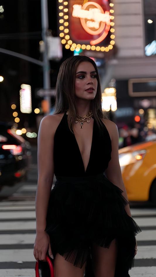Sexy Black V-neck Homecoming Dresses Hi-Lo Ruffle Tulle Back To School Dress,LTP3884