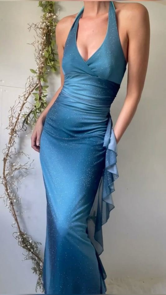 Sexy Blue Party Dresses Halter V-neck Ruffle Chiffon Prom Dress,LTP3804