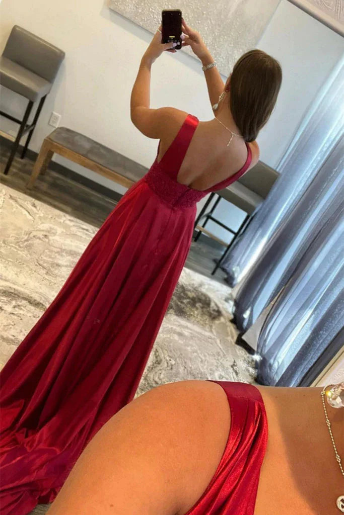 Sexy Burgundy A-Line Prom Dresses V-Neck Backless Evening Gown, LTP3256