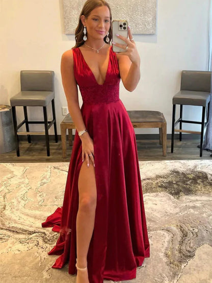 Sexy Burgundy A-Line Prom Dresses V-Neck Backless Evening Gown, LTP3256