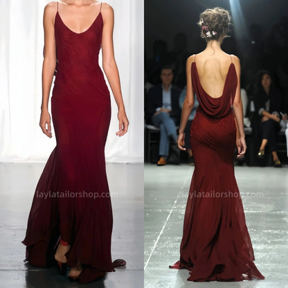 Sexy Burgundy Chiffon Mermaid Long Prom Dresses Backless Appliques Party Dress,LTP3981
