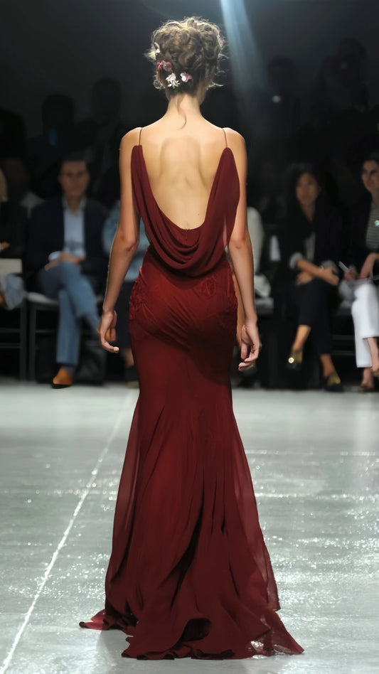 Sexy Burgundy Chiffon Mermaid Long Prom Dresses Backless Appliques Party Dress,LTP3981