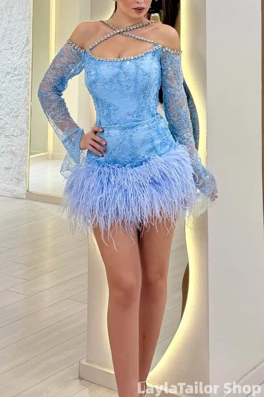 Sexy Cross Neck Sky Blue Lace Bodycon Homecoming Dress With Feather Hem