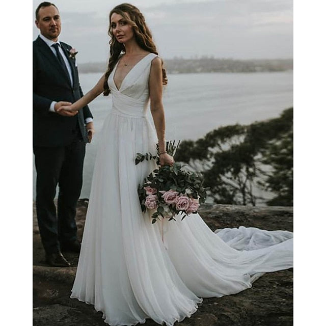 Sexy Deep V-neck Wedding Dresses A-Line Bridal Gowns