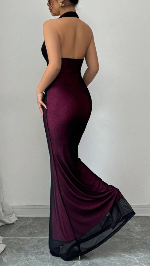 Sexy Halter V-Neck Mermaid Prom Dress Black Chiffon Purple Evening Party Dress,LTP4255