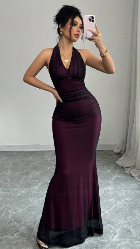 Sexy Halter V-Neck Mermaid Prom Dress Black Chiffon Purple Evening Party Dress,LTP4255