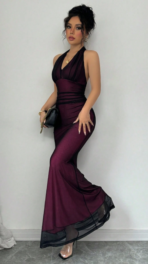 Sexy Halter V-Neck Mermaid Prom Dress Black Chiffon Purple Evening Party Dress,LTP4255