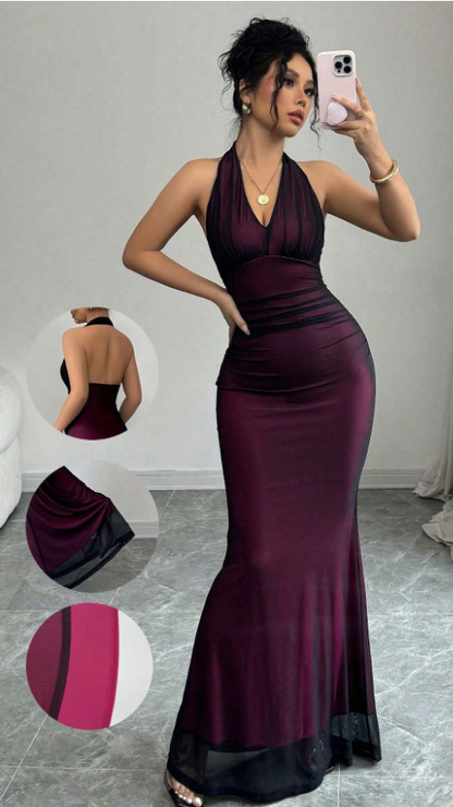 Sexy Halter V-Neck Mermaid Prom Dress Black Chiffon Purple Evening Party Dress,LTP4255