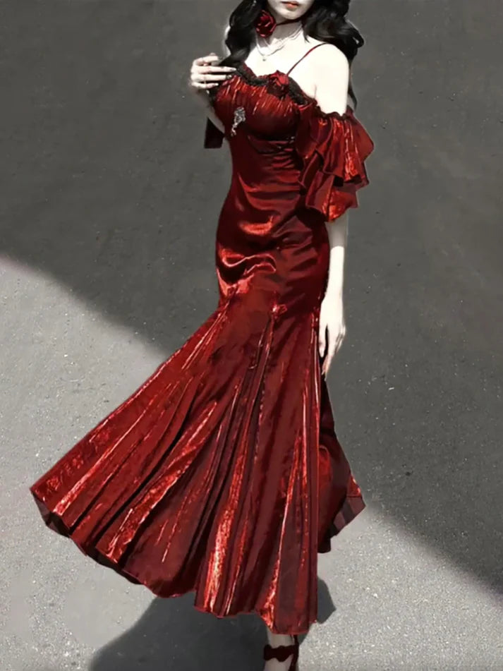 Sexy Mermaid Spaghetti Straps Burgundy Long Prom Dresses Christmas Night Dress Birthday Outfits , LTP3590