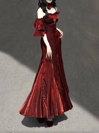 Sexy Mermaid Spaghetti Straps Burgundy Long Prom Dresses Christmas Night Dress Birthday Outfits , LTP3590