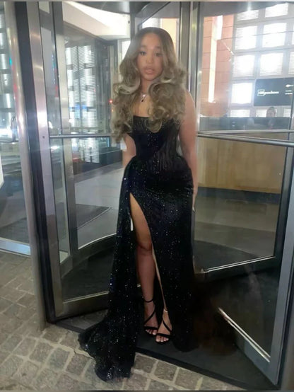 Sexy Mermaid Spaghetti Straps Sequin Slit Black Long Prom Dresses Party Dress , LTP3647