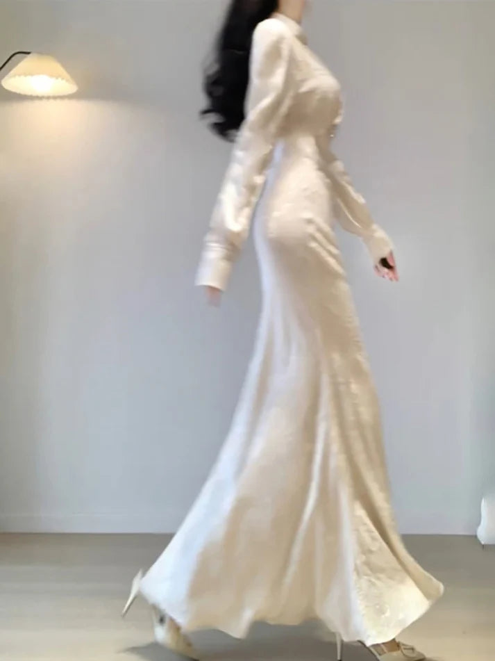 Sexy Mermaid V Neckline Long Sleeves White Prom Dresses Night Dress Birthday Outfits , LTP3586