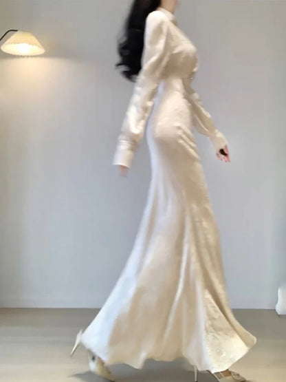 Sexy Mermaid V Neckline Long Sleeves White Prom Dresses Night Dress Birthday Outfits , LTP3586