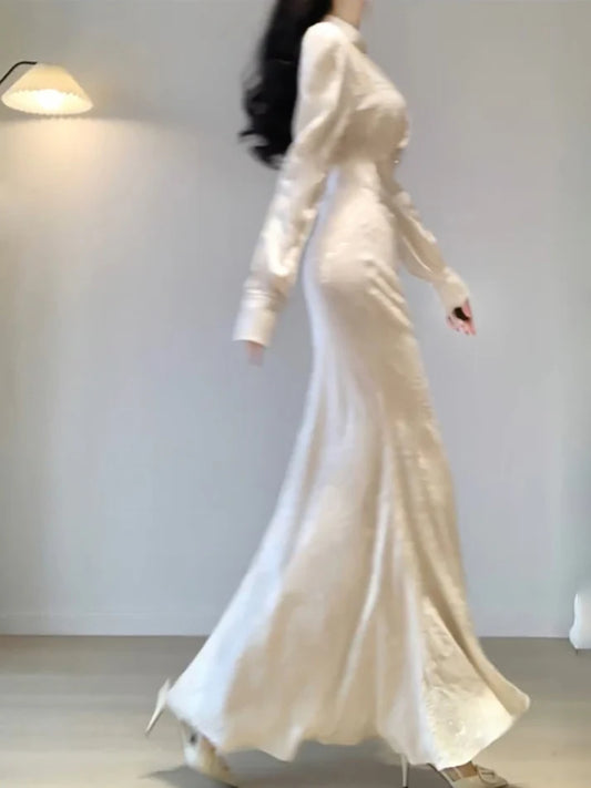Sexy Mermaid V Neckline Long Sleeves White Prom Dresses Night Dress Birthday Outfits , LTP3586