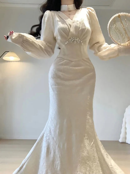 Sexy Mermaid V Neckline Long Sleeves White Prom Dresses Night Dress Birthday Outfits , LTP3586
