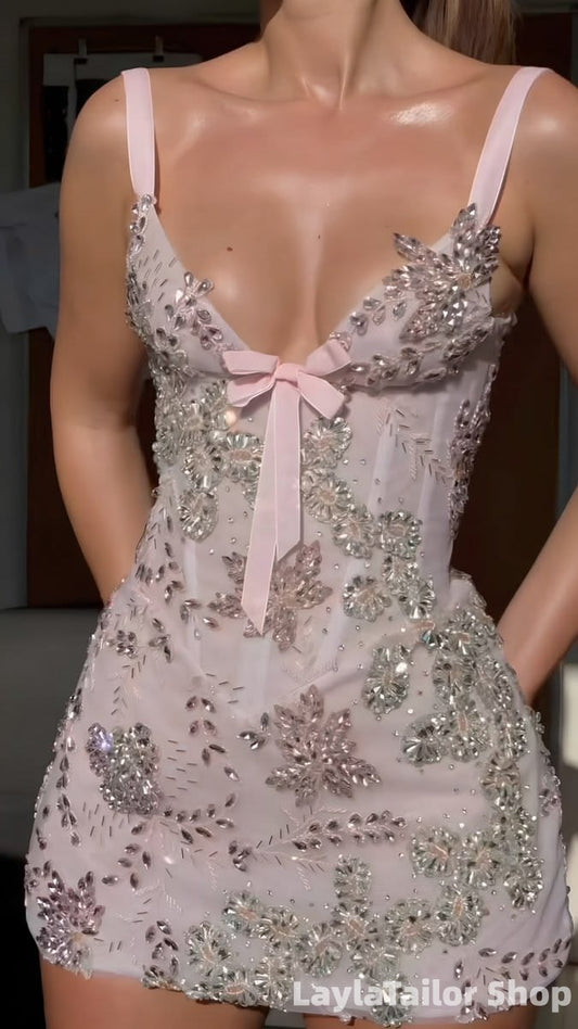 Sexy Pink Beaded Bodycon Homecoming Dress Mini Formal Gown