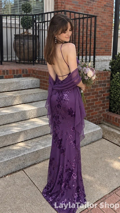 Sexy Purple Mermaid Prom Dresses Sequin Backless Evening Gown, LTP82778