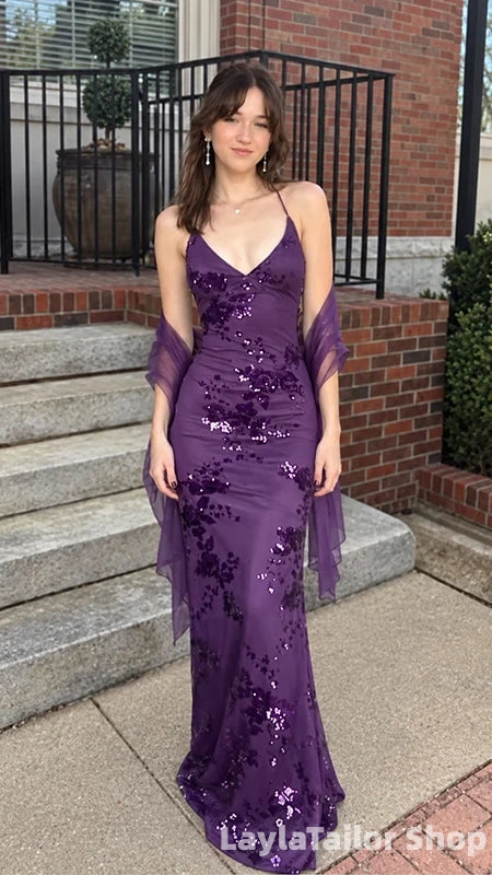 Sexy Purple Mermaid Prom Dresses Sequin Backless Evening Gown, LTP82778