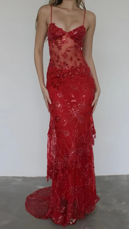 Sexy Red Lace Mermaid Long Prom Dresses Spaghetti Straps Evening Formal Dress,LTP3976