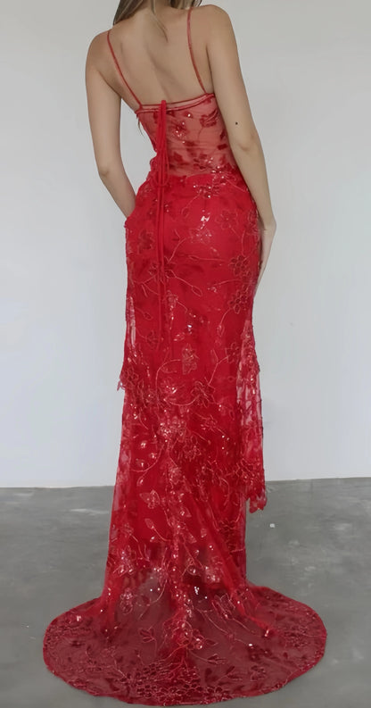 Sexy Red Lace Mermaid Long Prom Dresses Spaghetti Straps Evening Formal Dress,LTP3976