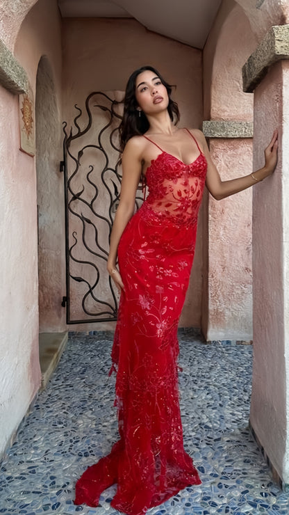 Sexy Red Lace Mermaid Long Prom Dresses Spaghetti Straps Evening Formal Dress,LTP3976