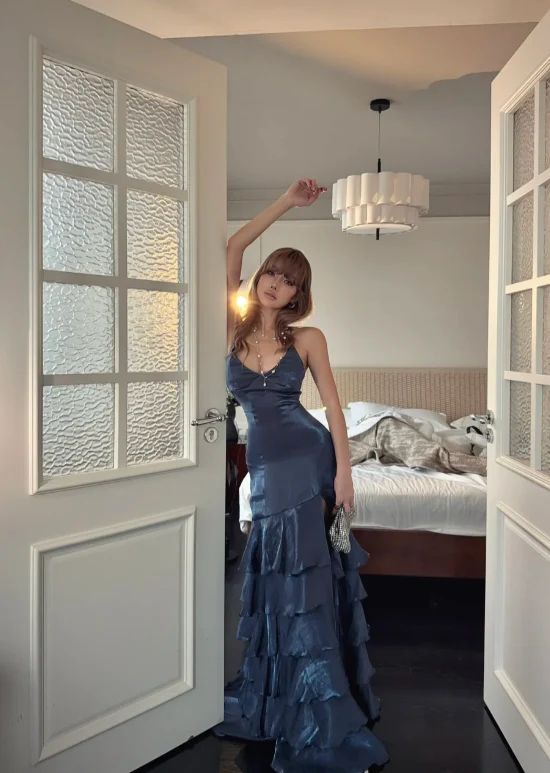 Sexy V-Neck Ruffle Prom Dresses Split Evening Graduation Dress,LTP4202