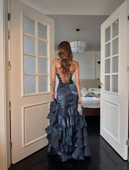 Sexy V-Neck Ruffle Prom Dresses Split Evening Graduation Dress,LTP4202