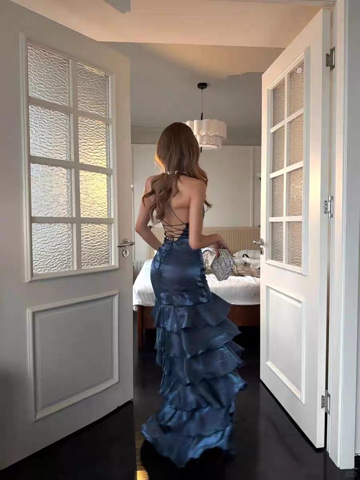 Sexy V-Neck Ruffle Prom Dresses Split Evening Graduation Dress,LTP4202