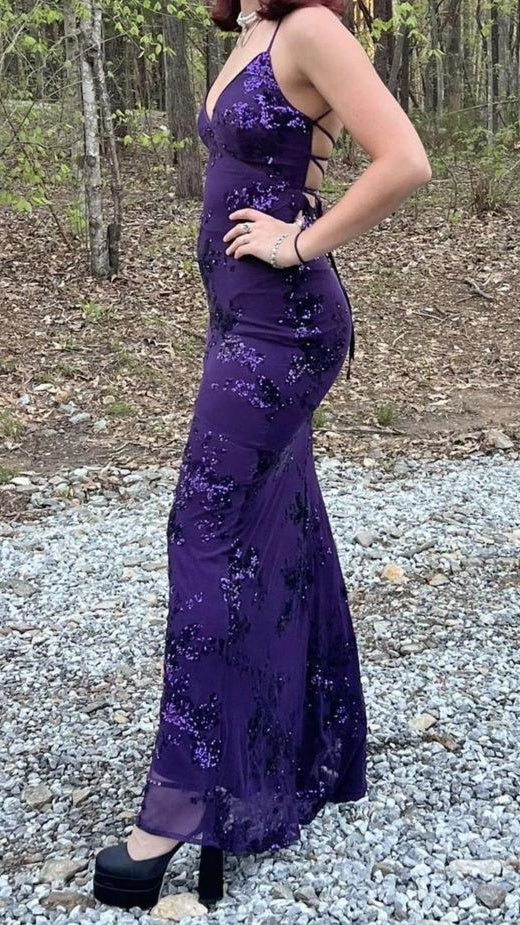 Sexy V Neck Purple Satin Sequin Backless Mermaid Evening Dress Long Party Dress,LTP4415