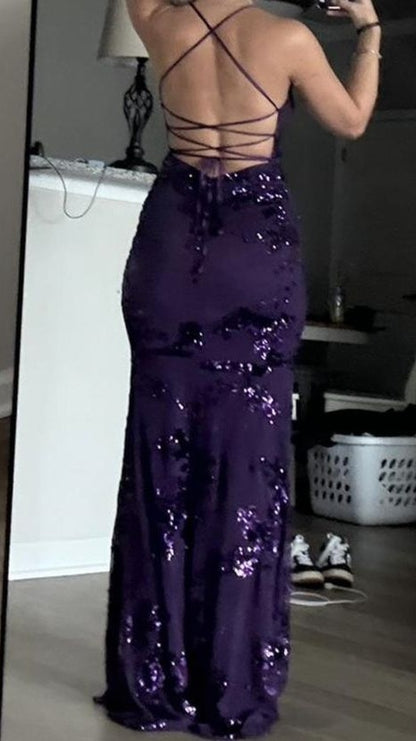 Sexy V Neck Purple Satin Sequin Backless Mermaid Evening Dress Long Party Dress,LTP4415